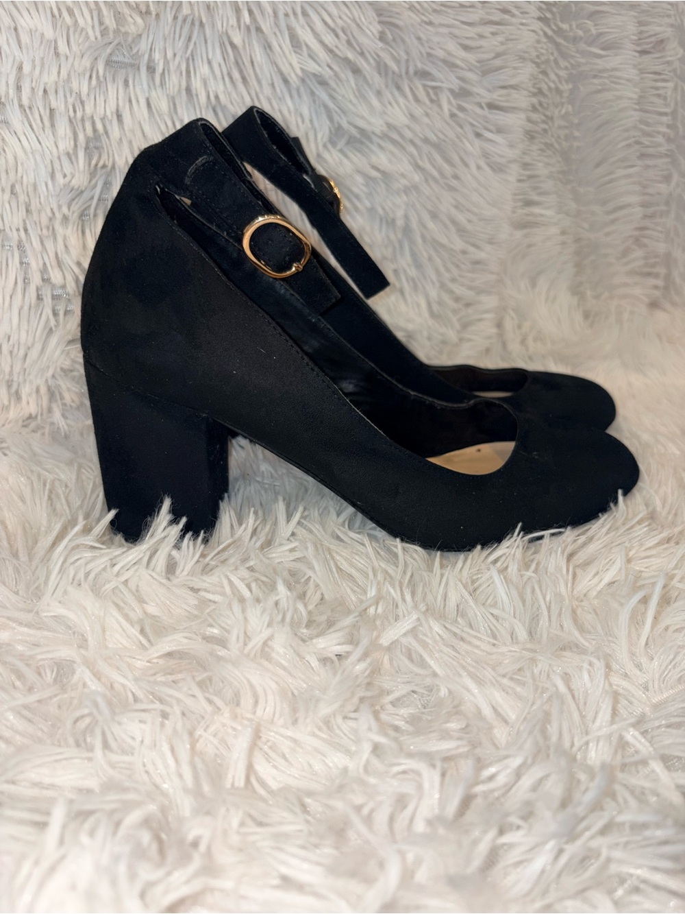 Penny Loves Kenny Black Faux Suede Ankle Strap Block Heel Pumps Size 8M